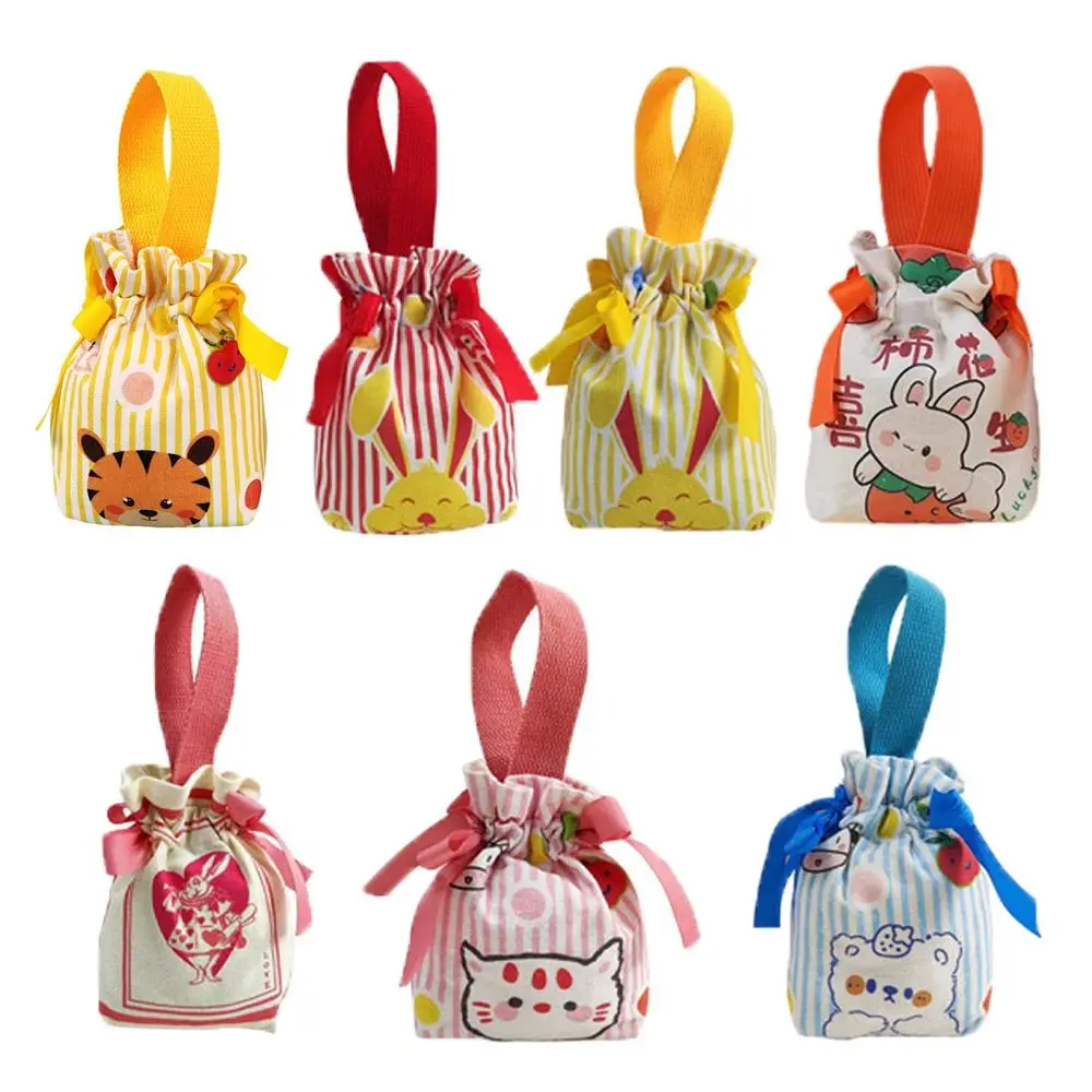 Elegant Rabbit Canvas Bow Drawstring Bag Bear Cat Festive Sugar Bag Storage Bag Stripe Bowknot Handbag Wedding