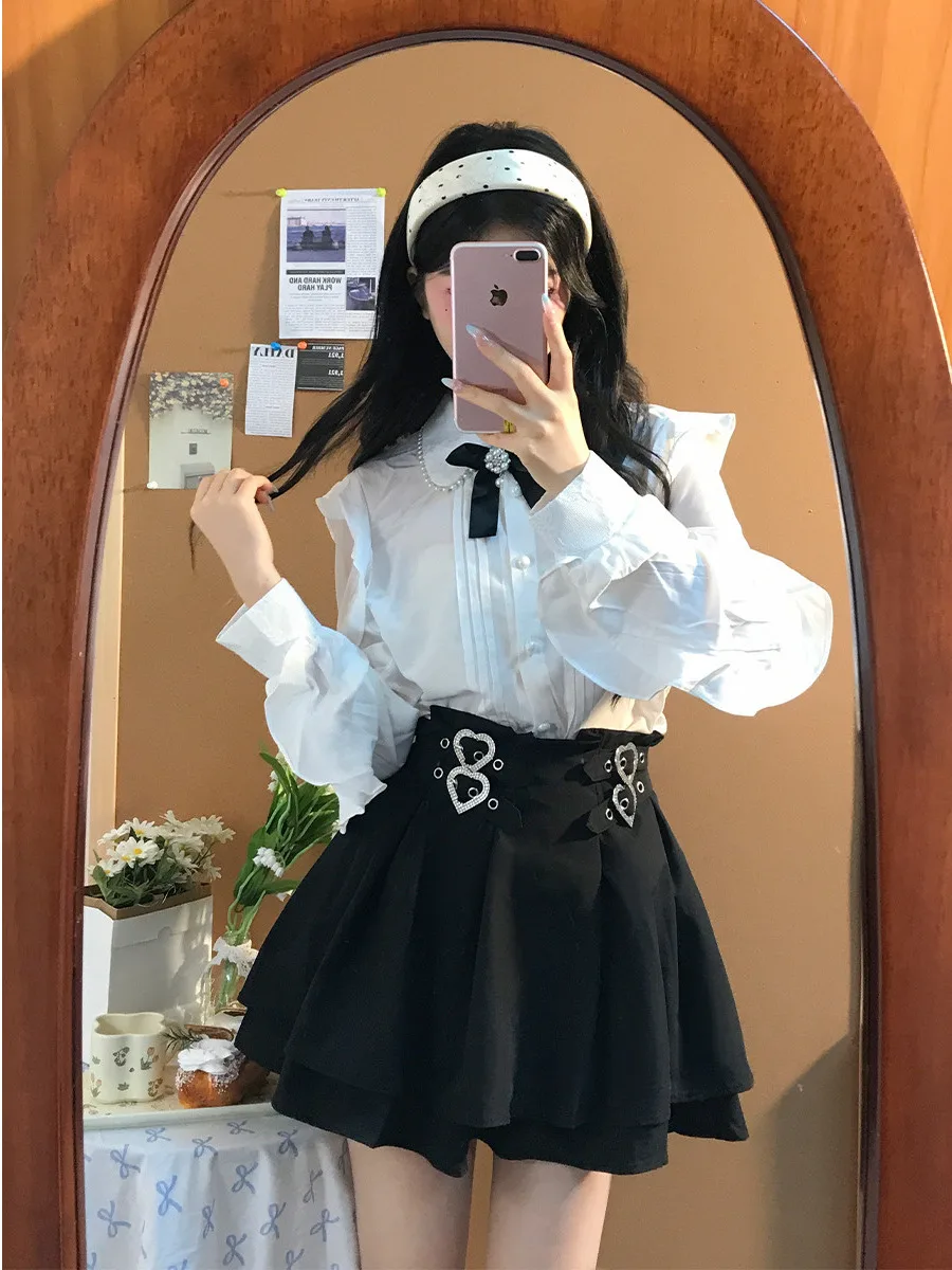 

Japanese Princess Style Two-Piece Set Women's A-Line Waist-Cinching Cake Skirt Long Sleeve Shirt with Lace Trim