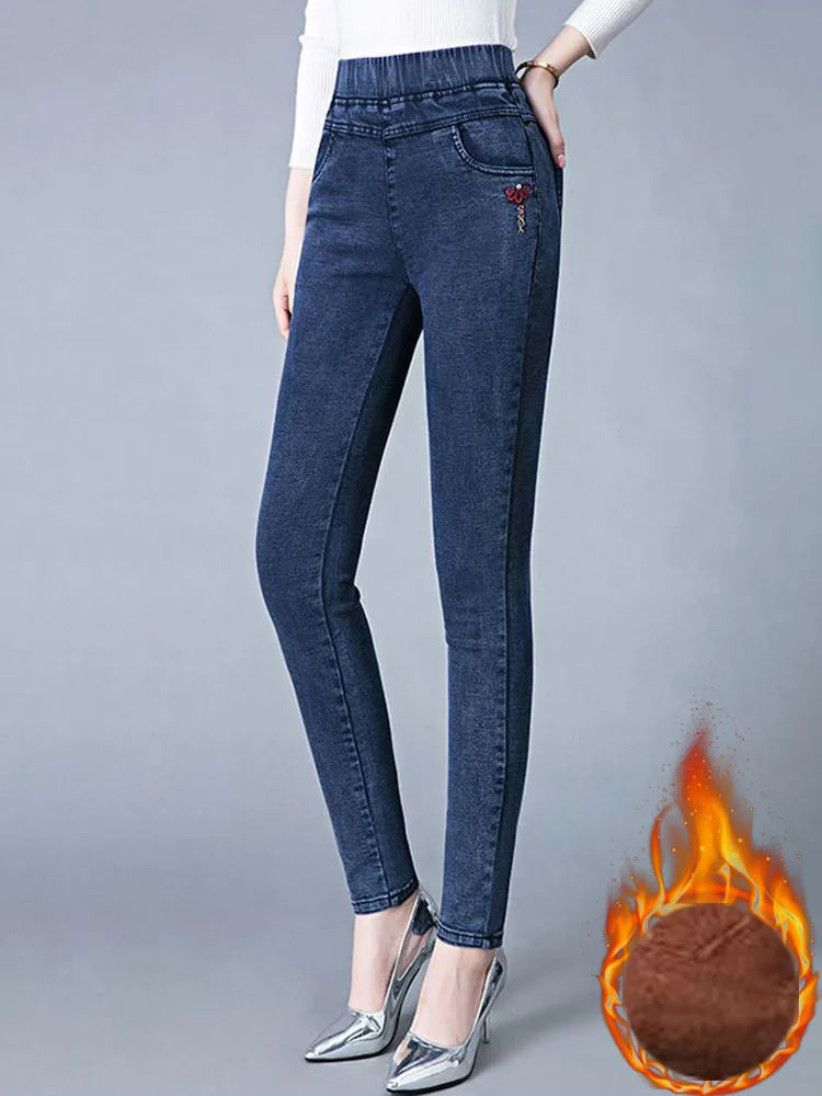 Jeans crayon doublés de velours en peluche pour femmes, pantalons en denim, pantalons skinny chauds, taille haute, hiver