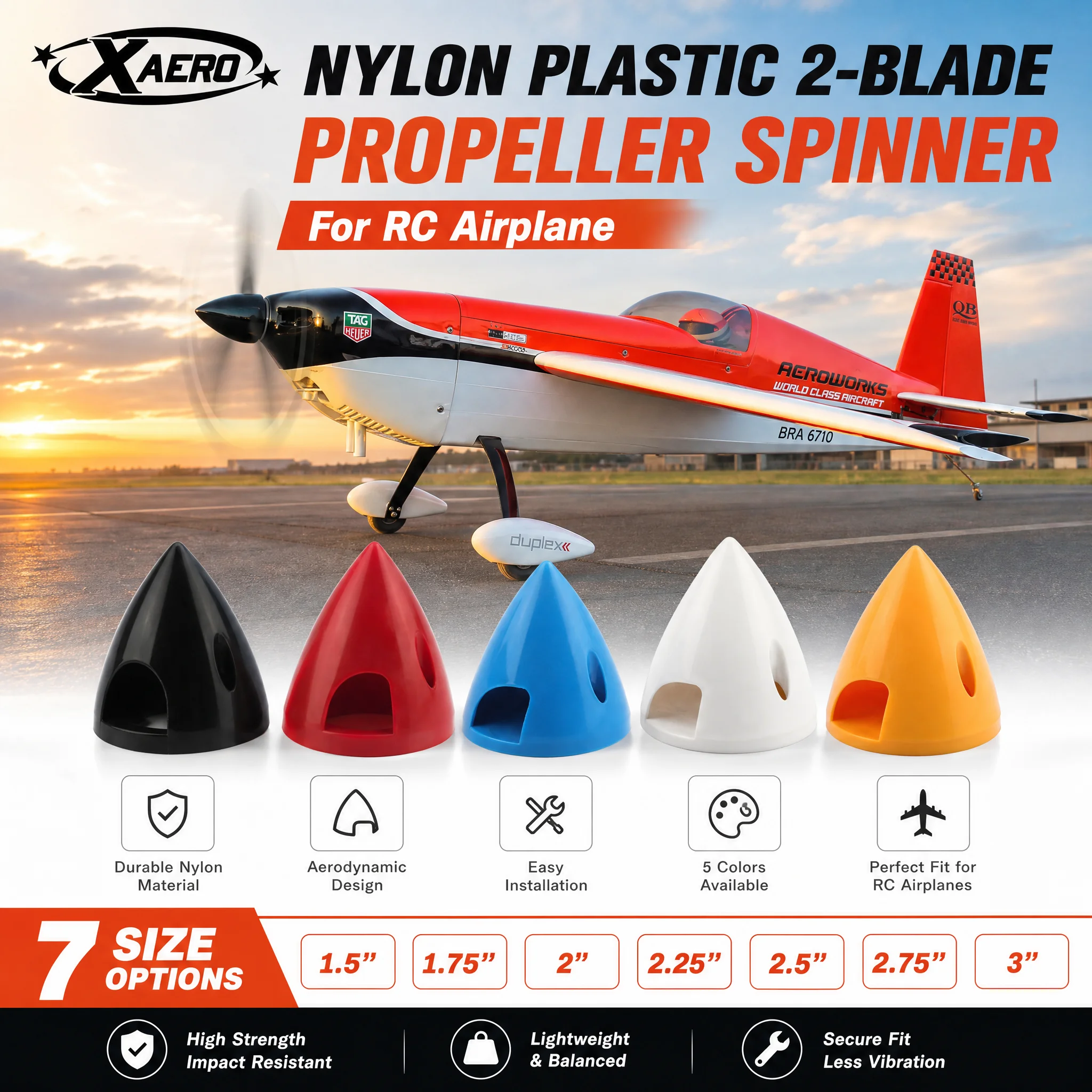 

XAERO 1Pc 1.5" /1.75" / 2" / 2.25"/ 2.5"/2.75"/3" Nylon Plastic 2 blade Propeller Spinner For RC Airplane 5colors