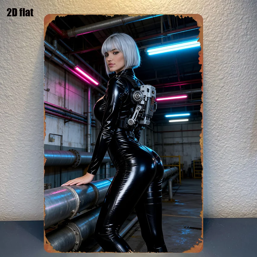 1pc Sign Futuristic Tech Female Robot Industrial Style Background Metal Wall Art with Pre-Drilled Holes for Easy Hanging - Durab