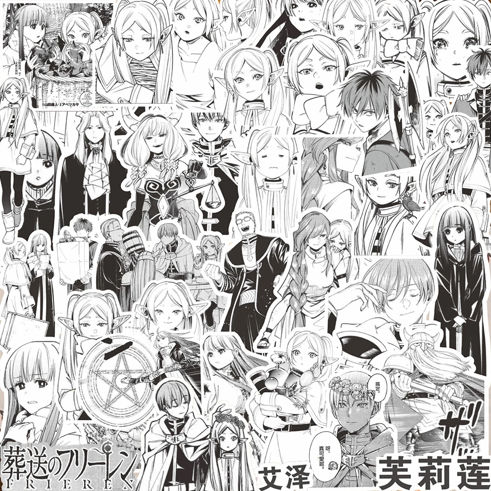 Autocollants de dessin animé Frieren: Beyond Journey's End, 10/30/70 pièces, autocollants Fern Himmel, pour ordinateur portable, journal, agenda, noir et blanc, autocollant Anime