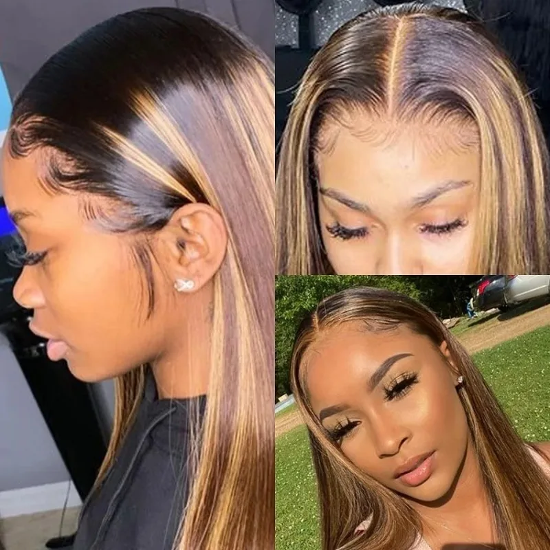 Glueless 4/27 Highlight Ombre Straight Wigs Pre Plucked With Baby Hair Brazilian Bone Straight Lace Front Human Hair Wigs