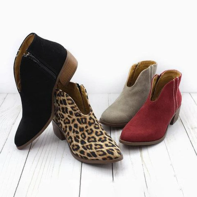 Plus Size New Ladies Leopard Print Thick Heel Women Boots Fashion Thick Sole Warm Ankle Boots Retro Botas Femininas 2023