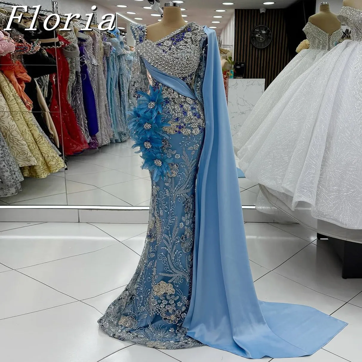 Luxo 2025 novas flores de penas 3d sereia vestidos de noite céu azul completo strass longos vestidos de festa de baile personalizados