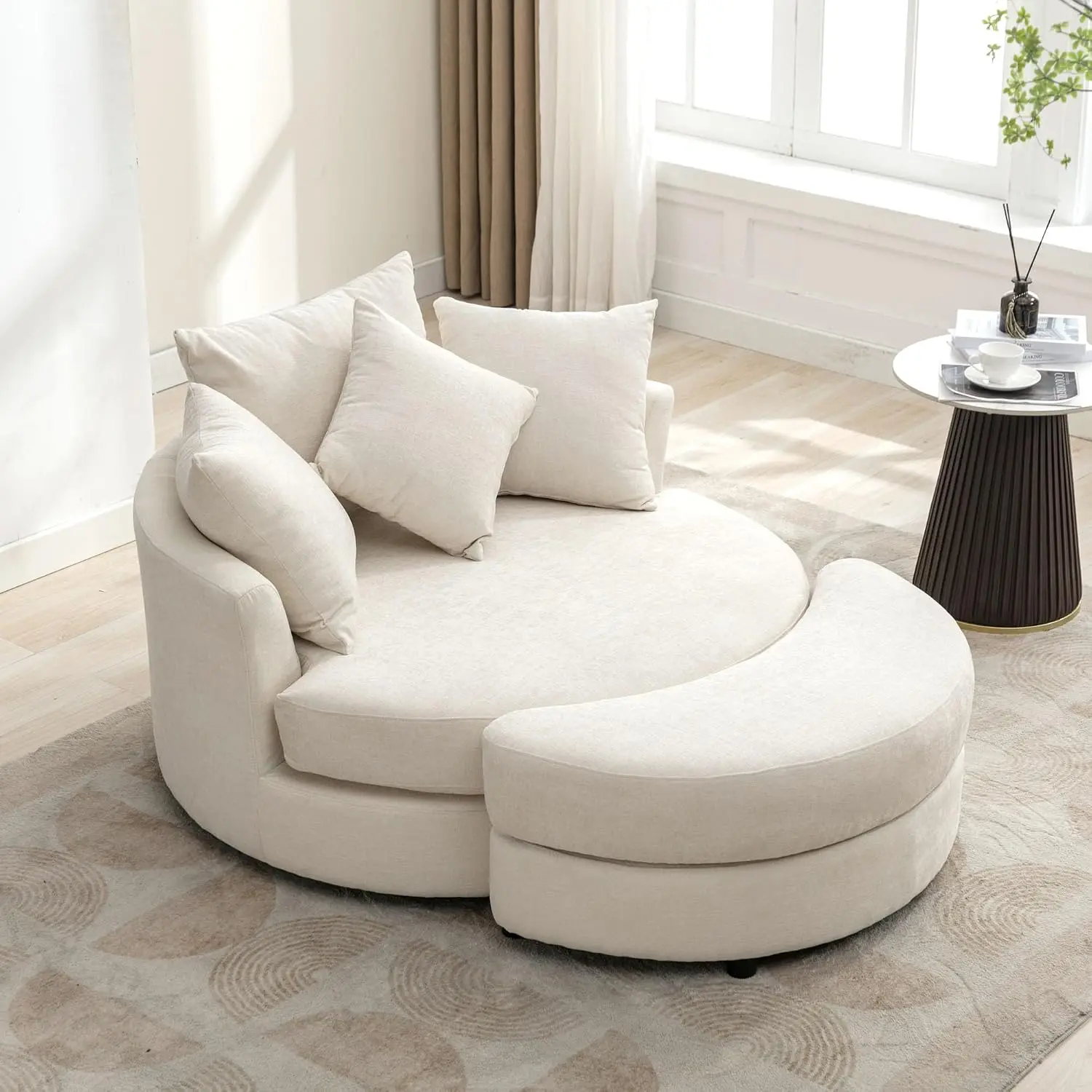 360° Swivel Barrel Chair with Half Moon Storage Ottoman, Oversized Leisure Round Single Sofa Large Chaise Lounge & 4 Pillows, Co