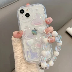 Laser Glitter Love Heart Bead Wrist Bracelet Clear Phone Case For IPhone 14 13 12 11 Pro Max X XR XS Fashion Wave Edge Cover