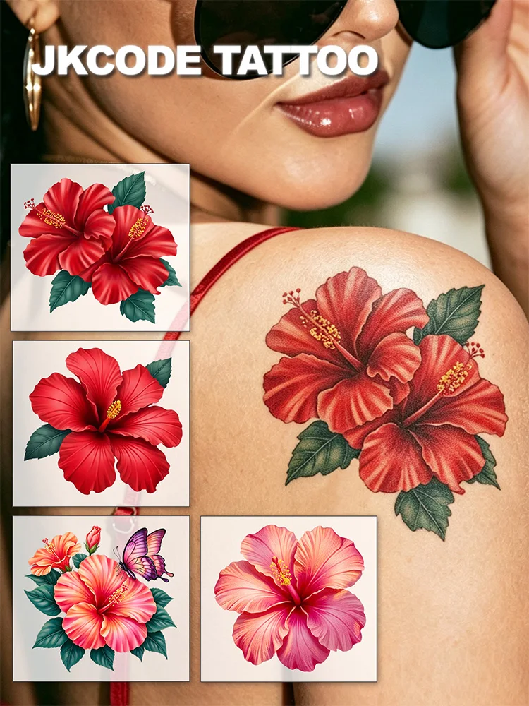 4 Realistic 3D Red Hibiscus Temporary Tattoos, Stylish and Fashionable Hand Tattoo Stickers, Cute Tattoos, Waterproof Tattoos for Women, Simple Colorful Printed Tattoo Stickers, Washable Party Tattoo Stickers That Last for 3-5 Days