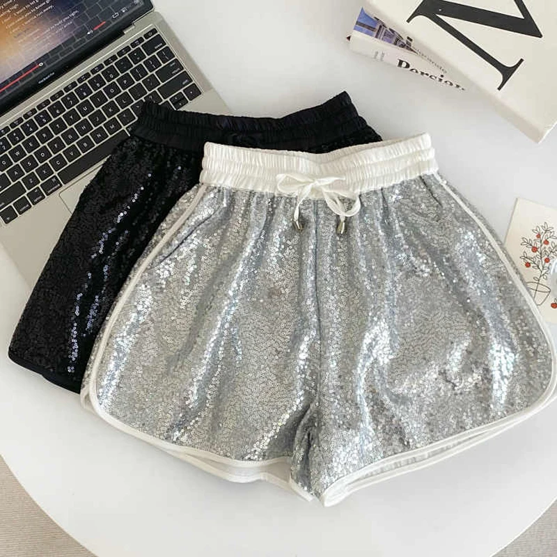 

Personalized Sparkling Sequin Shorts Women Elastic High Waist Loose Sports Wide Leg Pants Summer Ladies Drawstring Dance Hopants