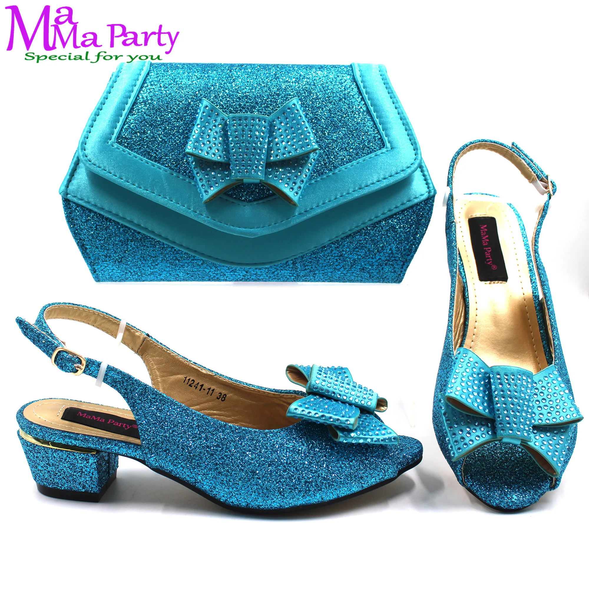 

Sky Blue New Arrivals Nigerian Women Shoes and Bag Set Italian Design Low Heels with Crystal Peep Toe Sandals for Party