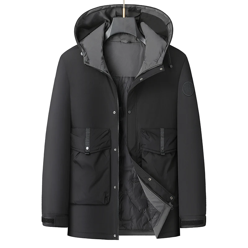 Classic Winter Mens Black Hooded Duck Down Jacket Oversized 3XL-8XL Outdoor Windproof Warm Puffer Coat Thick Padded Top Clothing