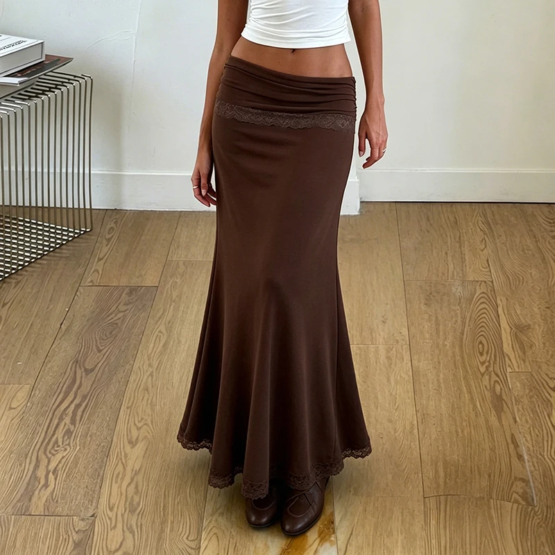 OMSJ Vintage Lace Patchwork Over Fold Sexy Half Skirt Women Elegant Slim Fit Package Hip Long Fish-tail Skirts Casual Streetwear