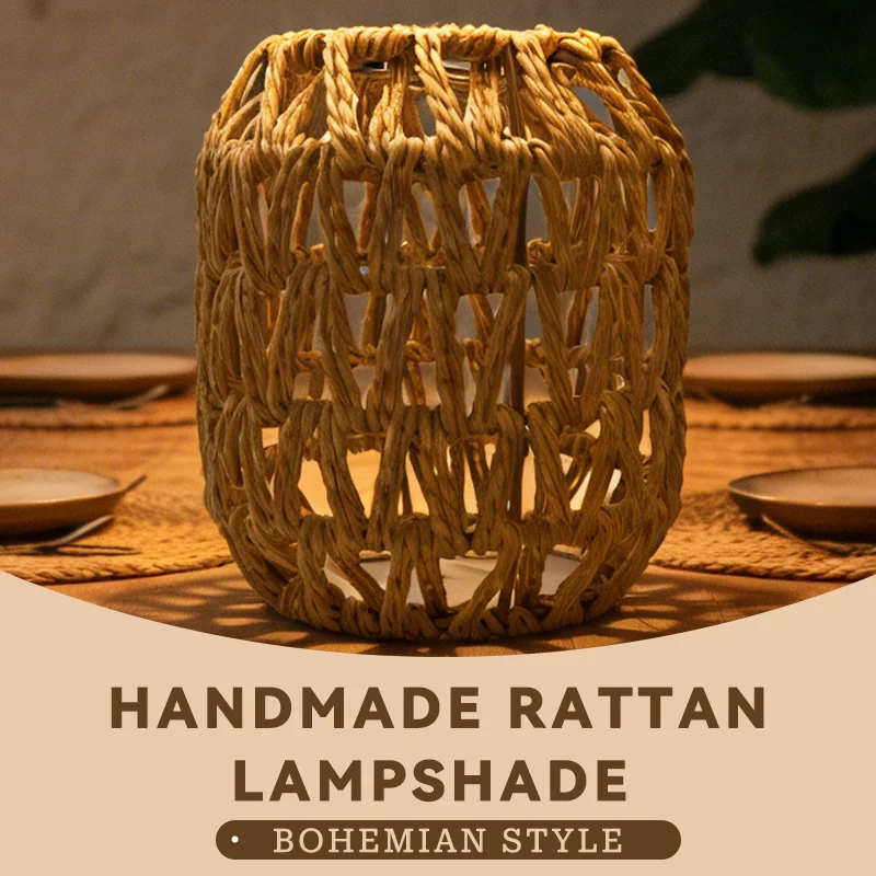 Bohemian Handwoven Rattan Lamp Shade, Oval Vase Rope Cover for Pendant Chandelier