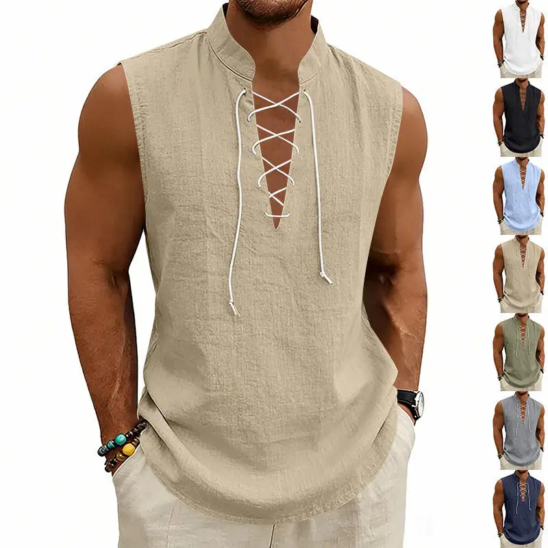 Loose Men's Linen Vest Summer American Style No Sleeve Breathable Drawstring Iron Free Casual Wear Sporty Style Pure Color