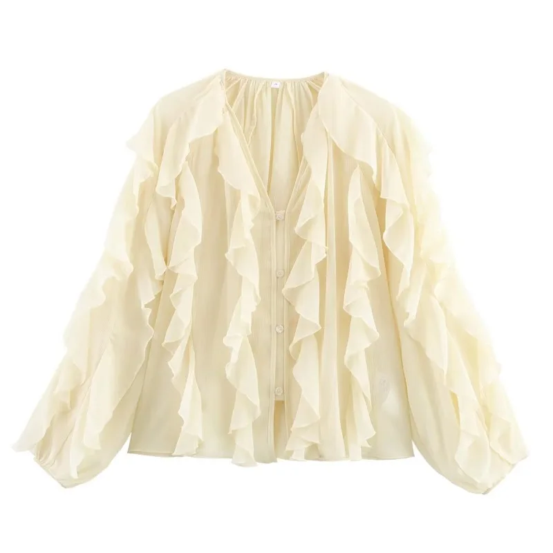 

Shirts for Women Ruffles V-Neck Single Breasted Chic Tops Spring Summer 2025 New Comfortable Female Fashion Long Sleeve Blouses