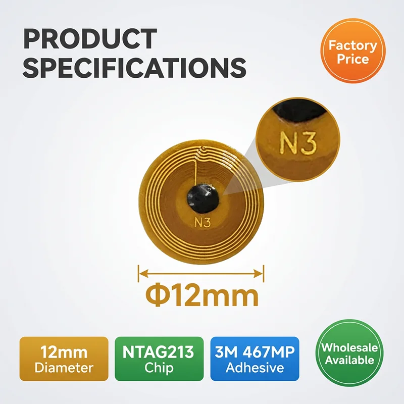 12mm Diameter Micro FPC NFC Tag NTAG213 144 Bytes 13.56MHz Rewritable Mini RFID Sticker for Wearable Smart Devices IoT