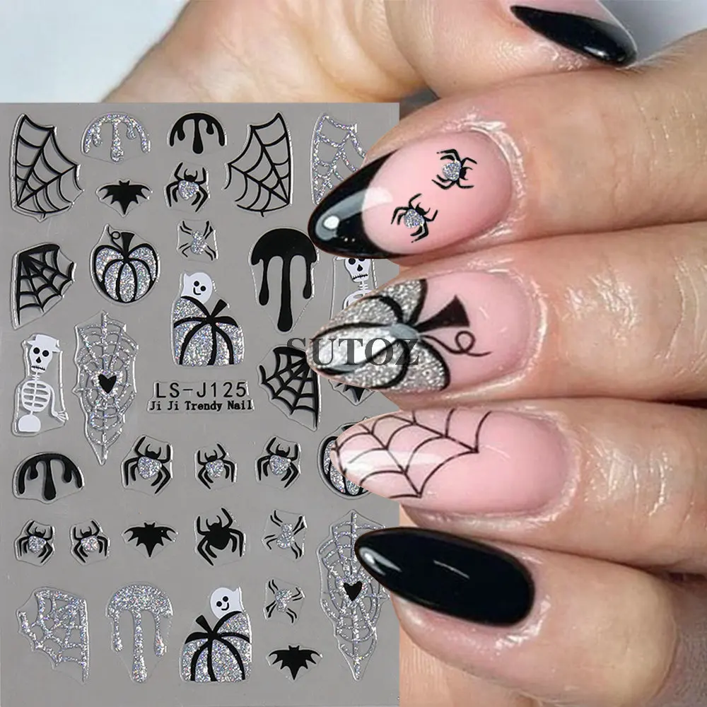 3D Luminous Ghost Nail Sticker Halloween Decoration Glitter Bat Pumpkin Slider Heart Spider Web Charms Manicure Decal LEBLS-J123