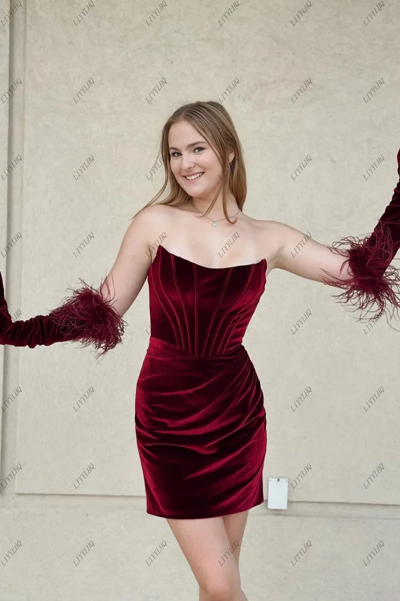 LIYYLHQ Fitted Burgundy Velvet Prom Dresses 2024 Short Mermaid Sheath Strapless Cocktail Homecoming Dress with Feathered Gloves