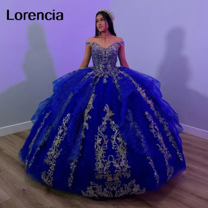 Vestido Quinceanera Lorencia Princess azul real, Applique de renda dourada, espartilho babados, doce 16, 15 anos, YQD592