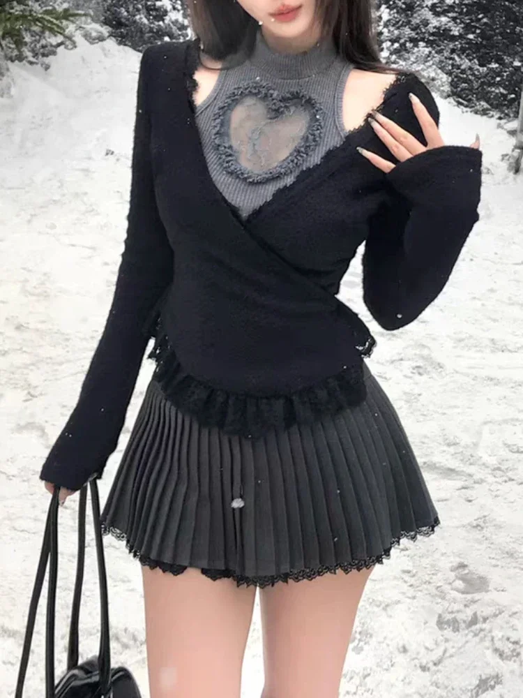 Autumn Winter Fake Two Lace Heart Knots Tops Sexy Slim Base Shirt Women's Inner Clothes Korean Fashion Design Casual T-Shirts