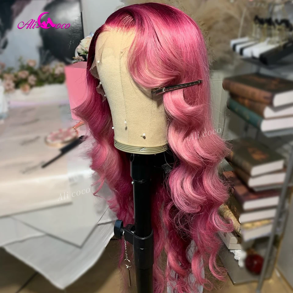 

13x6 Lace Front Wigs Ombre Light Purple Pink 180 Density Body Wave Human Hair Wig with Dark Pink Roots Pre Plucked for Women