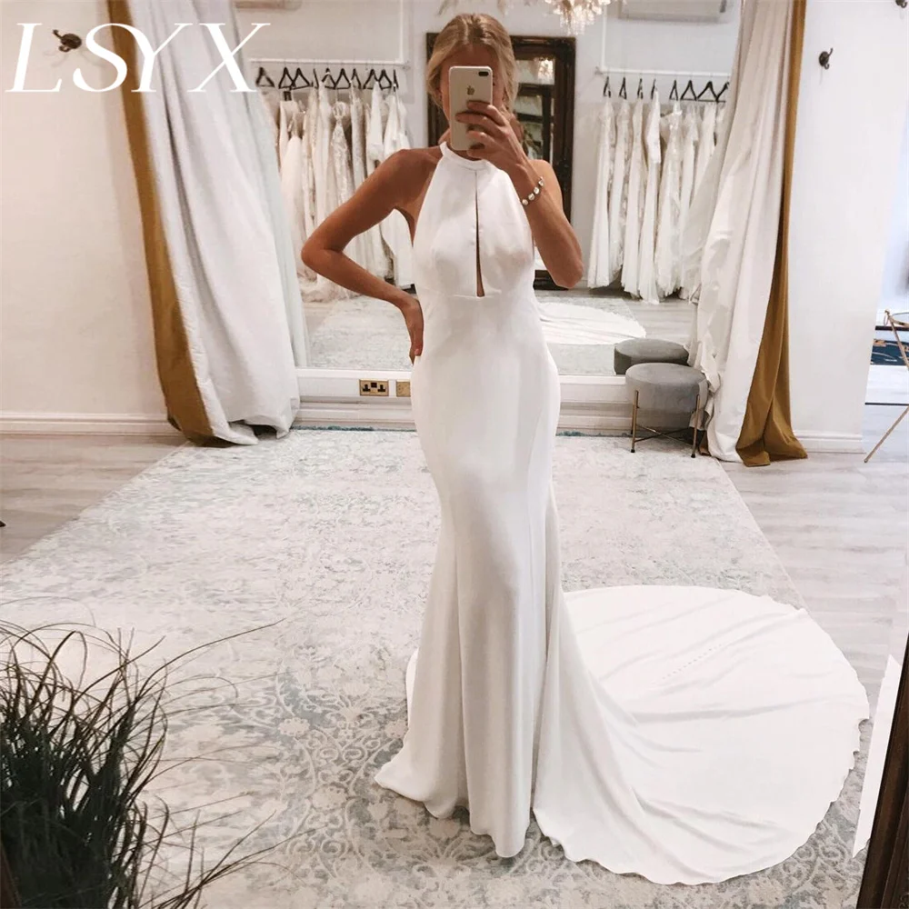 

LSYX Simple Sleeveless Crepe High Neck Cut Out White Mermaid Wedding Dress Open Back Court Train Bridal Gown Custom Made