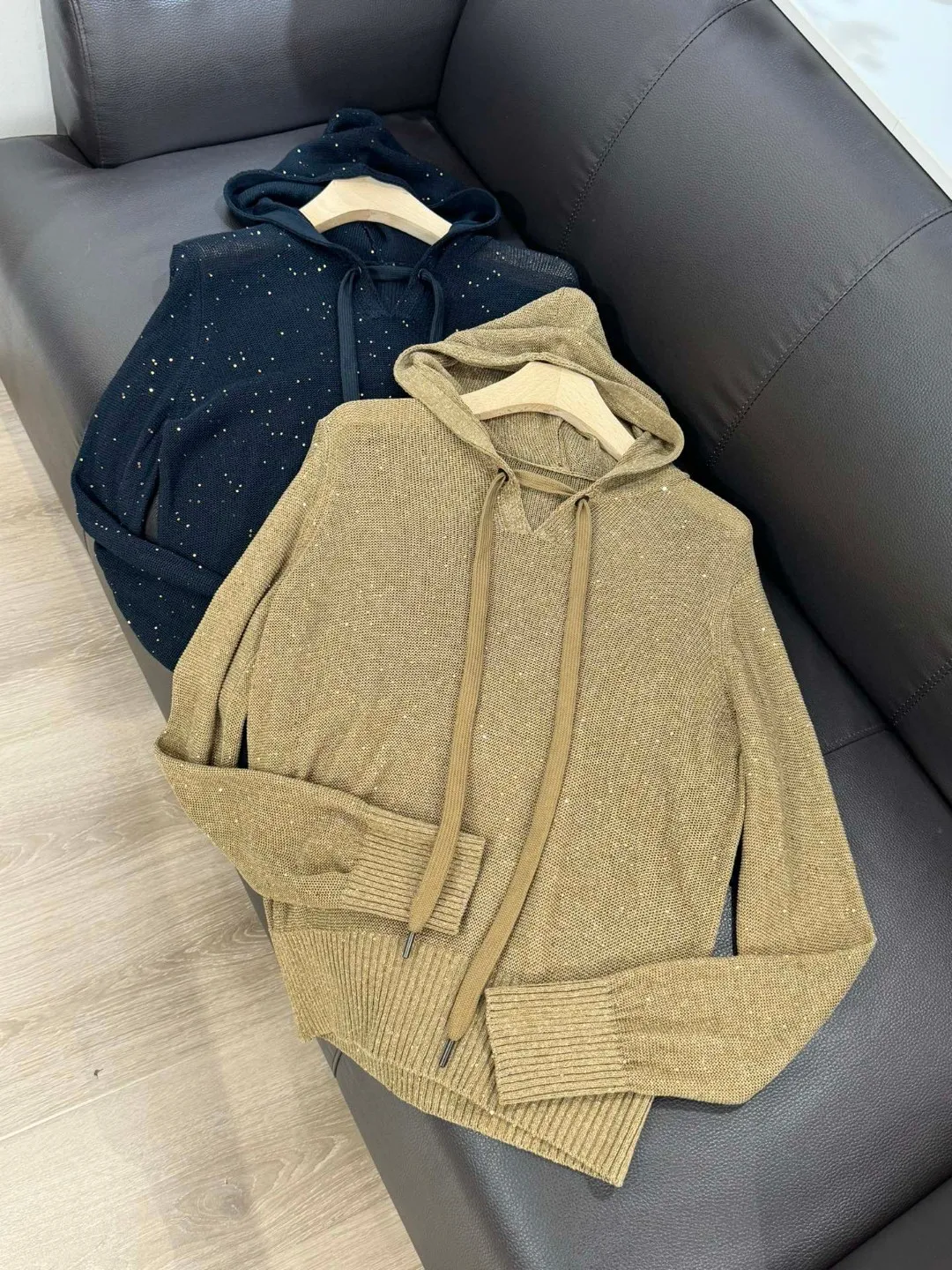 

24 Spring New Women's Linen Silk Pullover Sweater Hooded Half-Cardigan Casual Sequined High-Quality Sweater Top