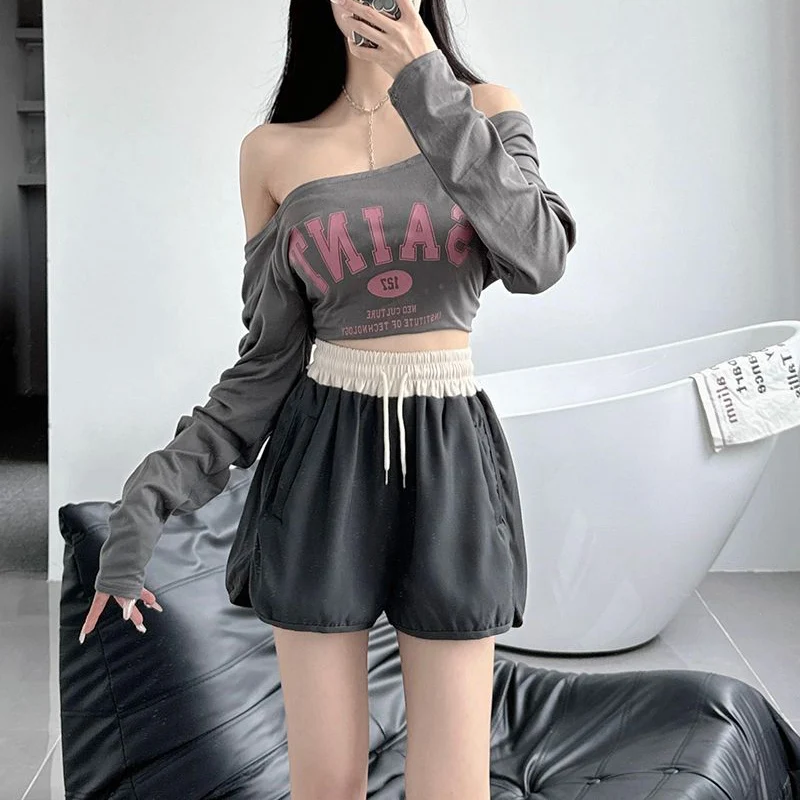 Summer Girls Korean Casual Fashion Short Pants Lady Chic Patchwork High Waist Baggy Joggers Female Classic Thin Daily Shorts