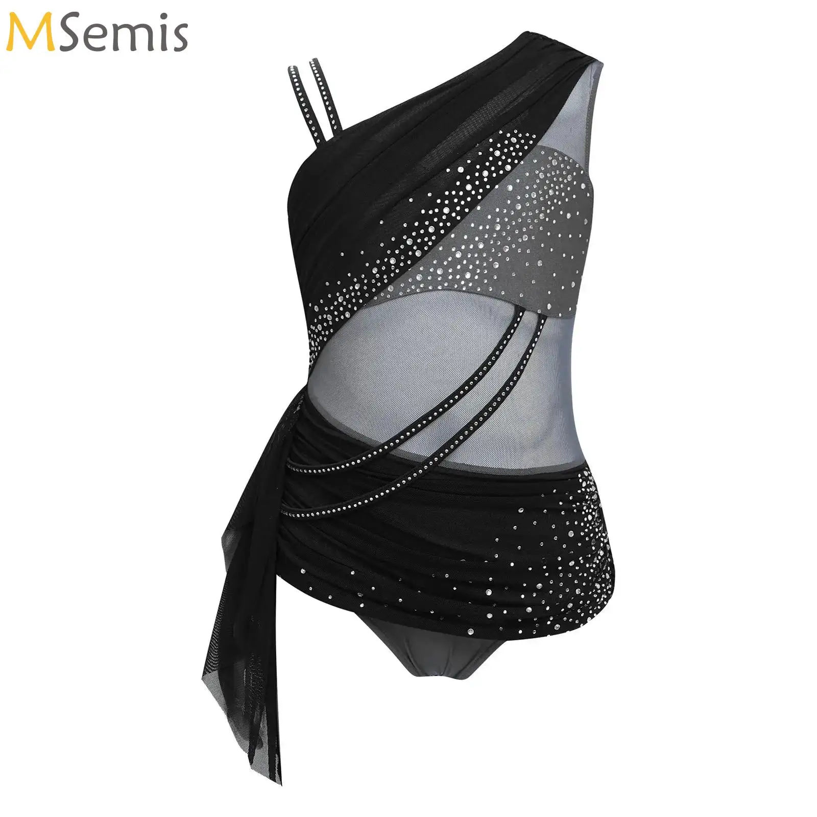 Girls Rhinestone Mesh Ruched Overlay Figure Skating Dress Ballet Dance Gymnastics Skirted Leotard Dancewear Competition Costume