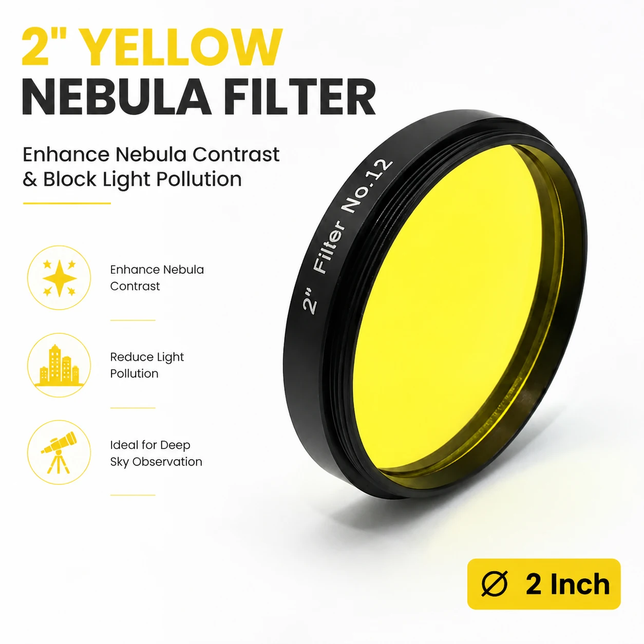 2 Inch No.12 Yellow Filter for Astronomical Telescope Eyepiece Moon Mars Jupiter Contrast Enhancement 50.8mm Metal Thread Optica