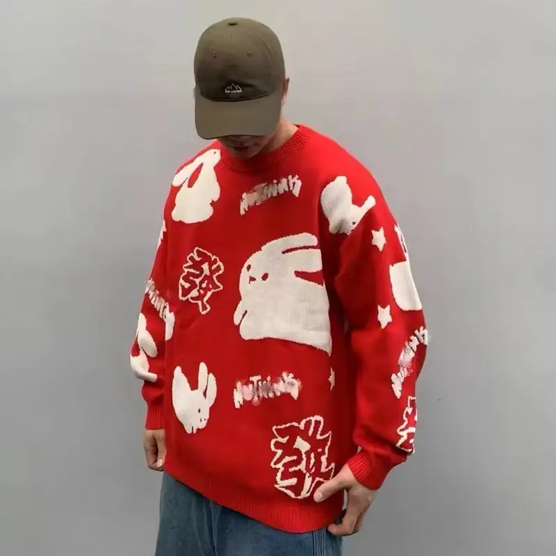 

Вязаный свитер для пар, свободный крой, красная мужская модная повседневная одежда с рисунком кролика, удобная футболка из мягкой ткани