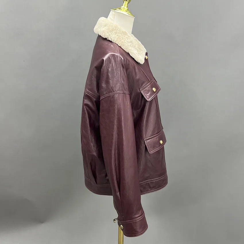 JANEFUR Women's Winter Coat Wine-Red Genuine Leather Down Jacket With Lambswool Collar Real Leather JFB8-25003