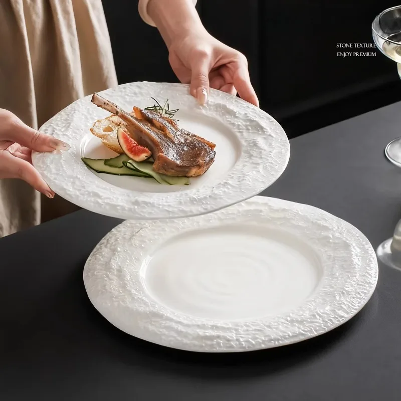 

European-style White Porcelain Lace Embossed Steak Plate Hotel Round Ceramic Dinner Plate Restaurant Tableware Salad Pasta Plate