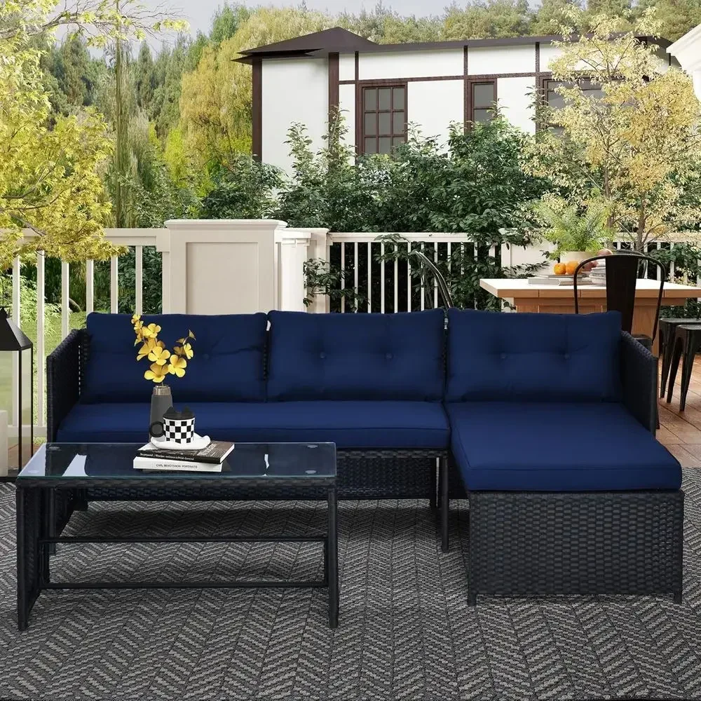 Blue L-Shaped Rattan Outdoor Sofa Set with Chaise Lounge, Loveseat, Tempered Glass Table, and Cushions