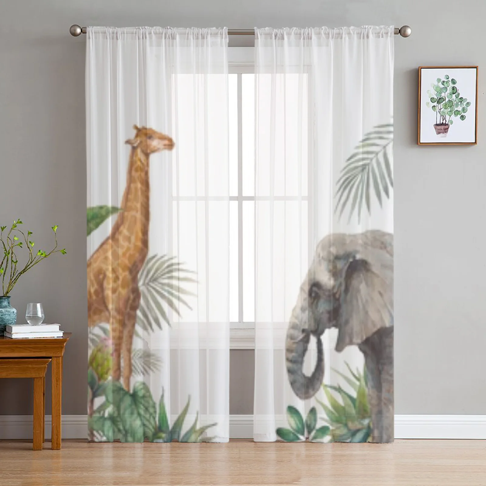 

Jungle Elephant And Giraffe Sheer Curtains For Living Room Bedroom Kitchen Tulle Curtain Home Decorative Sheer Panels