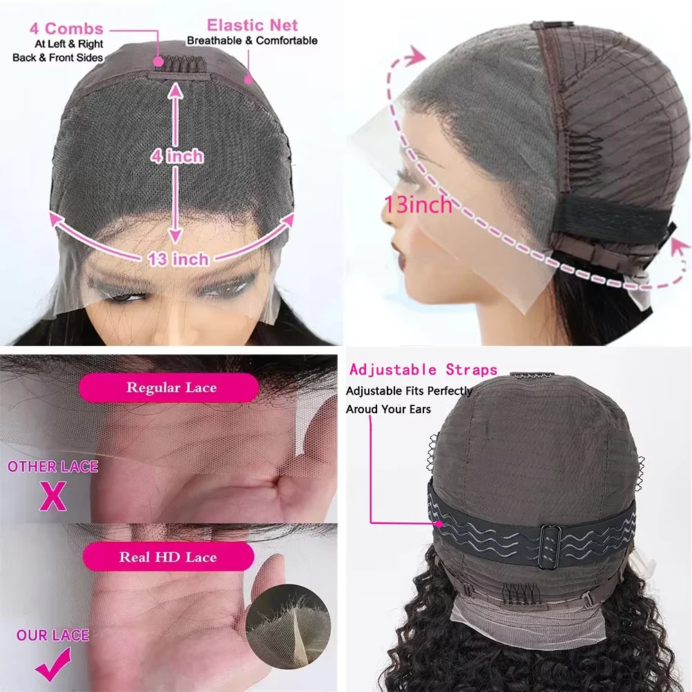Peruca de Cabelo Humano Brasileiro Ondulado Profundo, Densidade 250%, Curta Bob, HD Lace Front, 13x4, Sem Cola, Pré-Pronta para Usar