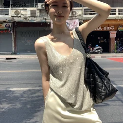Tanks Tops for Women Party Solid Colors Loose Sequined V-neck Shimmer Fashionable Retro Korean Style Summer Clothes Breathable