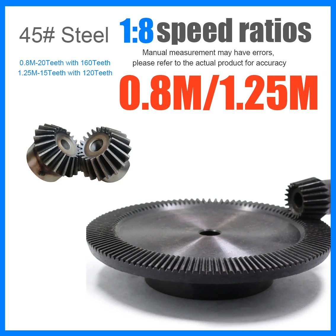 

1Pair 1: 8 speed ratios 0.8M 20 Teeth+160Teeth 1.25M 15T+120T Bevel Gears Inner Hole 6mm 8mm Gear 90 Degree Transmission Gear