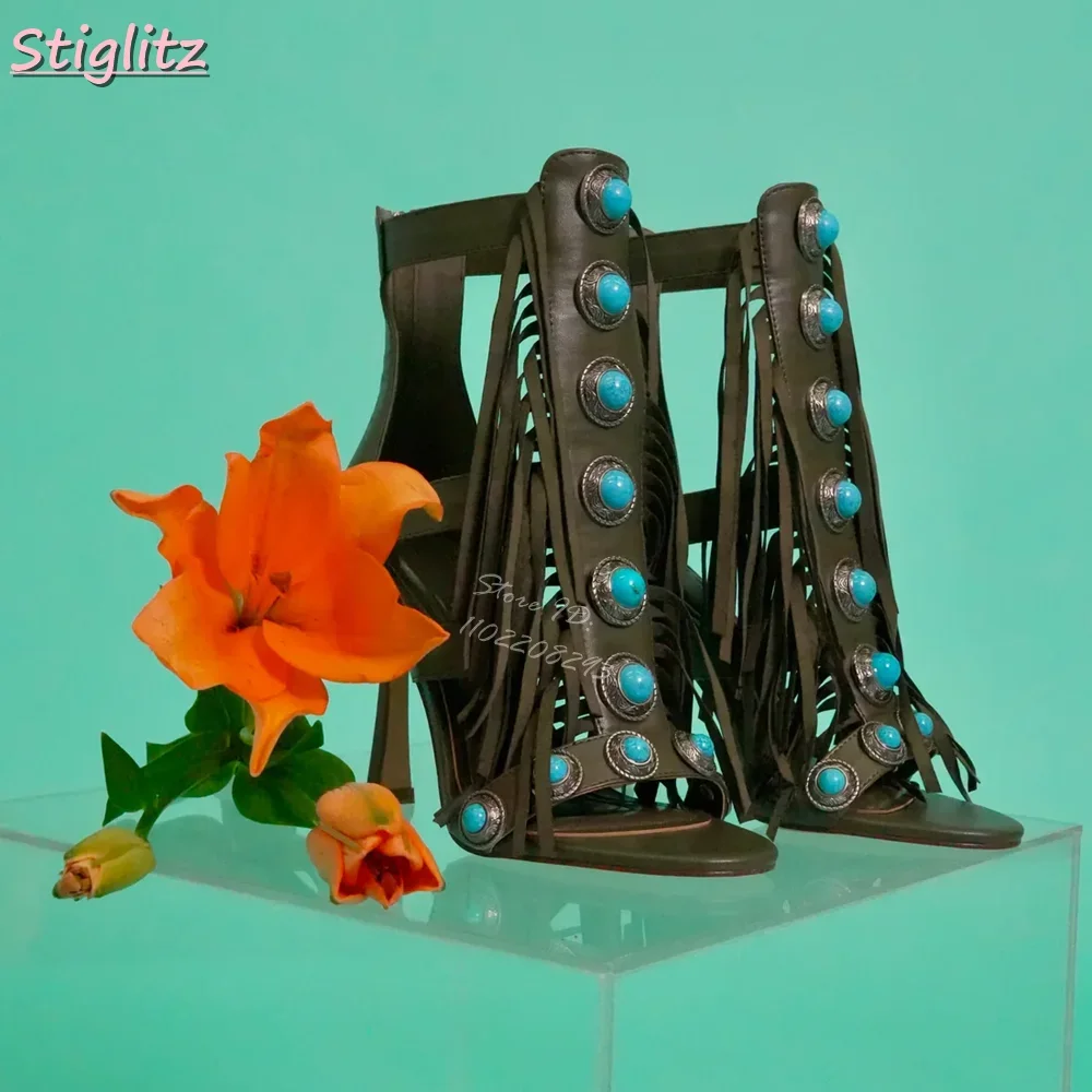 

Сандалии с бахромой в стиле ретро, замшевые сандалии с открытым носком и молнией сзади, модная римская обувь на высоком каблуке, уличная обувь, лето 202, женские новые туфли на шпильке