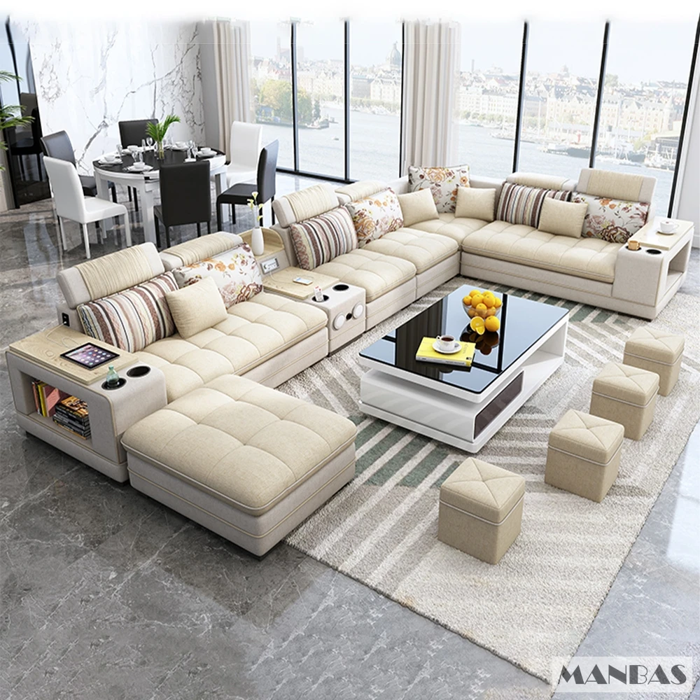 MANBAS Modern Fabric Sofa Set with Bluetooth Speaker Sound System - Living Room Sofas Big U Shape Corner Cloth Couch with Stools