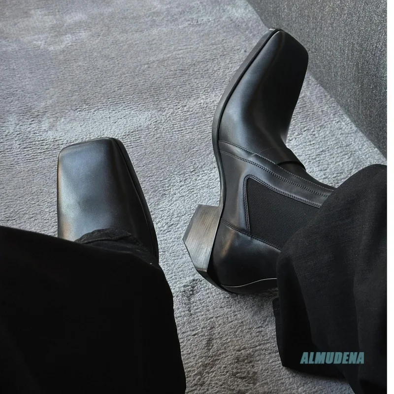 Square Toe Men's Black Leather Chelsea Boots Elastic Side Block Heel Classic Casual Business Formal Daily Commute Shoes