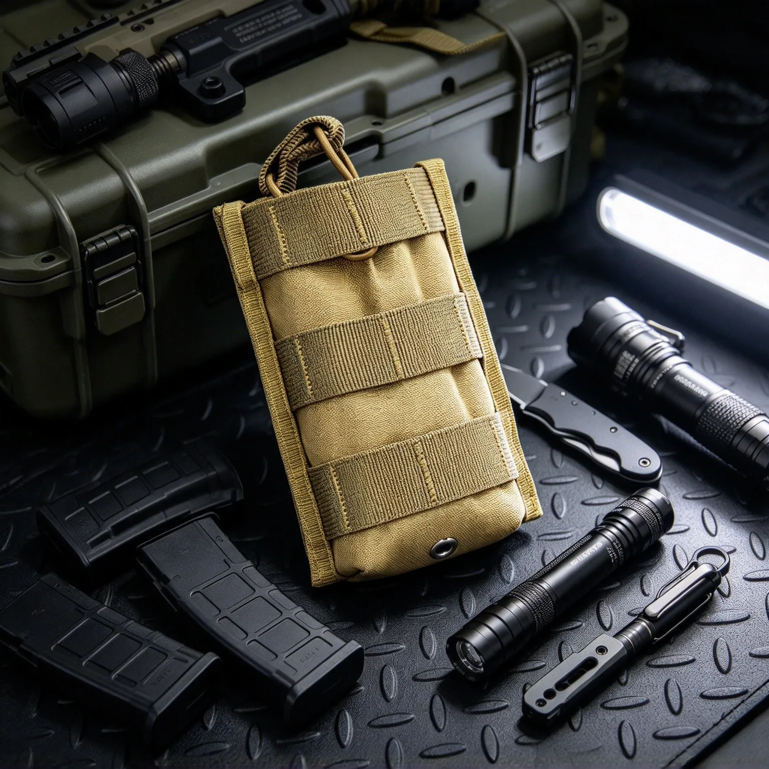 Tactical MOLLE Single Mag Pouch Open Top 5.56 AR15 M4 Magazine Holder with Bungee Retention Drain Hole for Airsoft Hunting Vest
