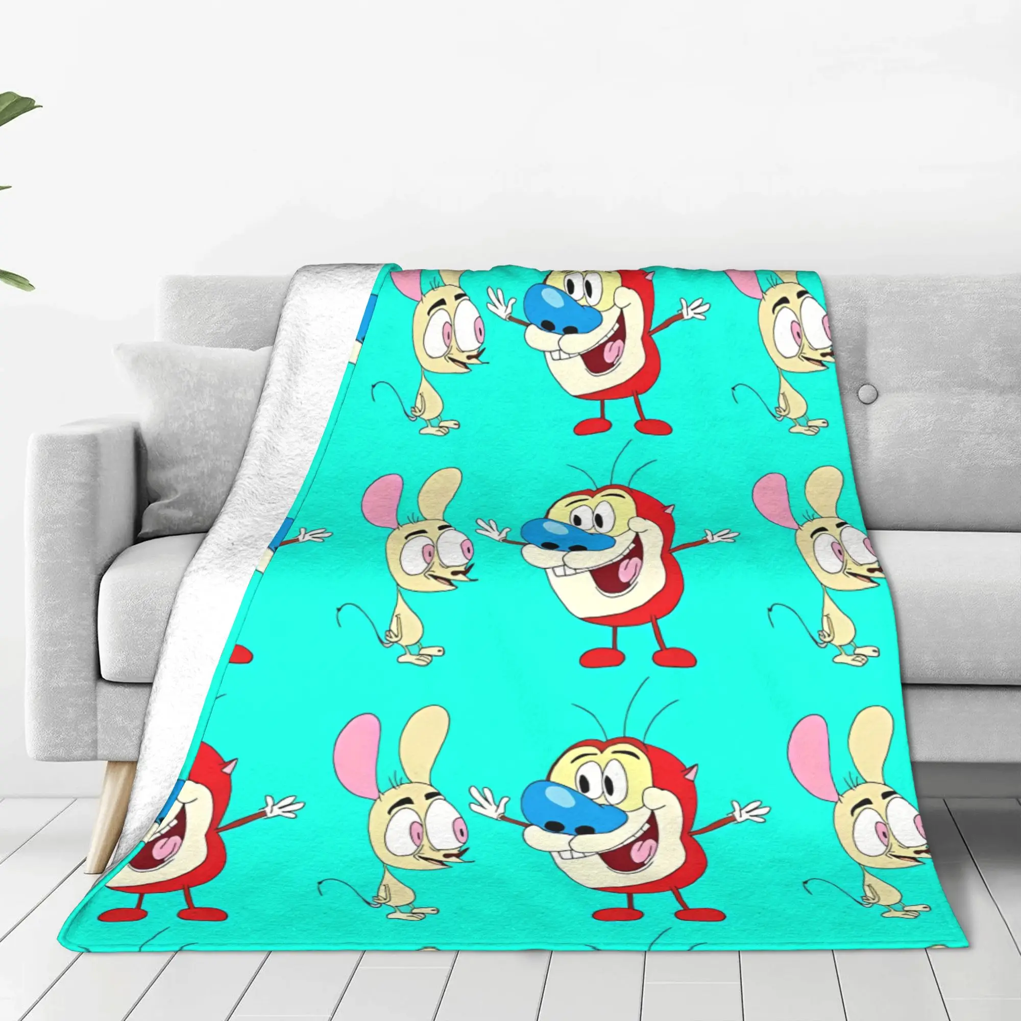 1PC Home Cutecore Cartoon Animals  Ren & Stimpy Blanket Super Cosy Plush Home Living Room Sofa Halloween