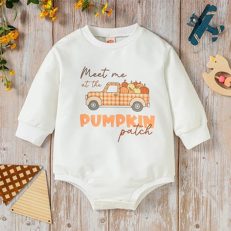 Newborn Baby Girls Long Sleeve Halloween Rompers Infant Pumpkin Print Round Neck Jumpsuits