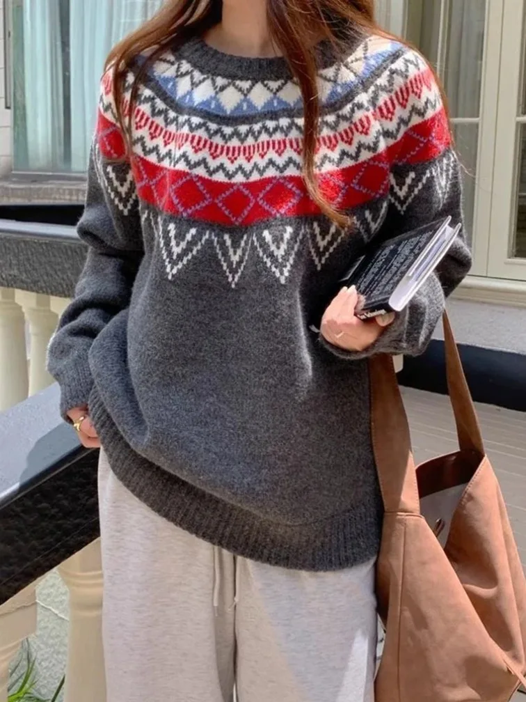 Nuevo estilo Preppy Argyle suéteres mujeres Vintage de gran tamaño suelto de punto jerseys coreano de manga larga Patchwork señora dulce Tops