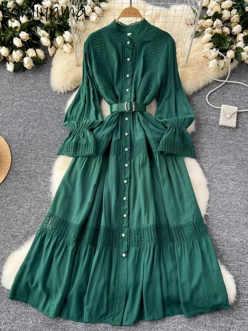 Lace Big Swing Vestidos Mujer Stand Collar Flare Sleeve Dresses Single Breasted Dress Court Style Vestido Women 2024 Robes