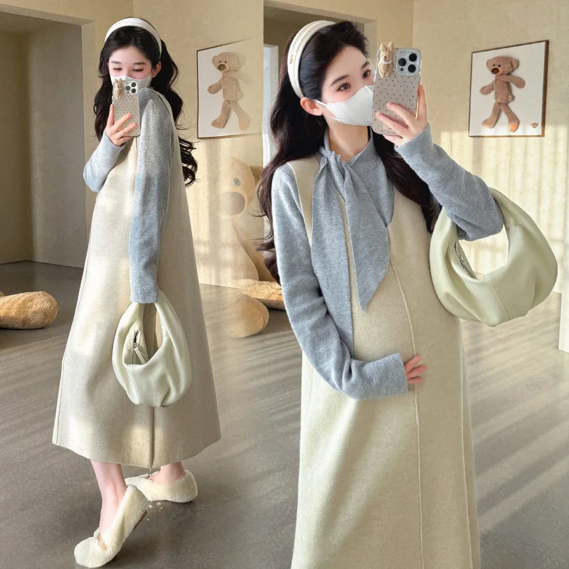 2026 New Autumn Winter Maternity 2 Piece Set Korean Style Bow Knit Top and Sleeveless Maternity Tank Dress Outfit