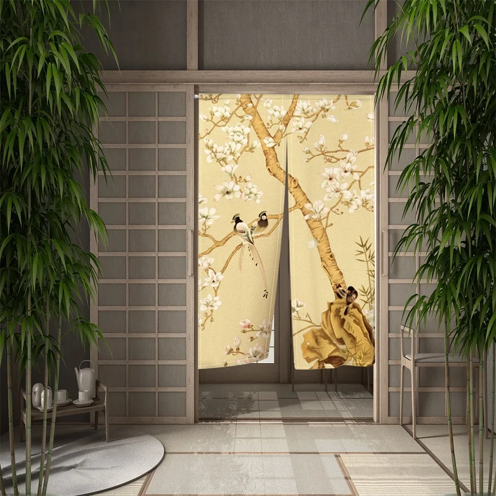 Chinese Traditional Flower Birds Door Curtain Japanese Noren Doorway Curtains Ink Painting Print for Kitchen Partition Curtain