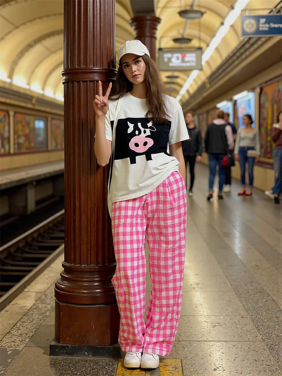 Pantaloni larghi Pantaloni da donna Plaid Colore a contrasto Donna Patchwork Design Vita alta Gamba dritta Casual Streetwear Tendenza moda