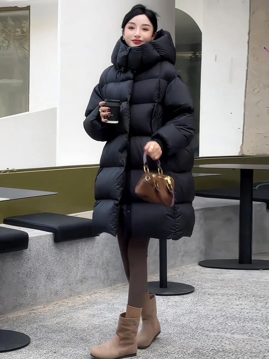 Abrigo acolchado de longitud media con capucha para mujer Jaet Bla Thiened invierno cálido suelto pan Sle abrigo Casual Sle blanco Du relleno de plumón